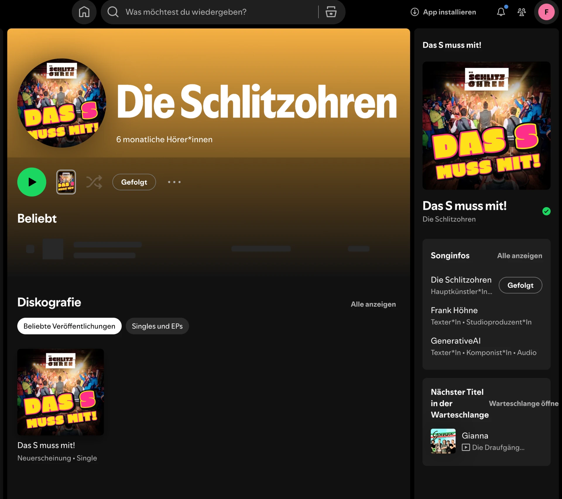Spotify-Bildschirmfoto: Künstlerseite von Die Schlitzohren, rechts der abspielende Titel „Das S muss mit!“ mit Songinfos und Credits